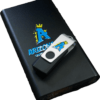 UV DTF sticker transfers applied to a black portable charger and a white swivel USB flash drive. The stickers feature a vibrant blue "A" logo with a gold crown and a graffiti-style "Arizona" text, showcasing a raised, glossy, and enamel-like finish. The UV DTF stickers adhere seamlessly to the hard surfaces, highlighting their durability and high-quality print. direct to film